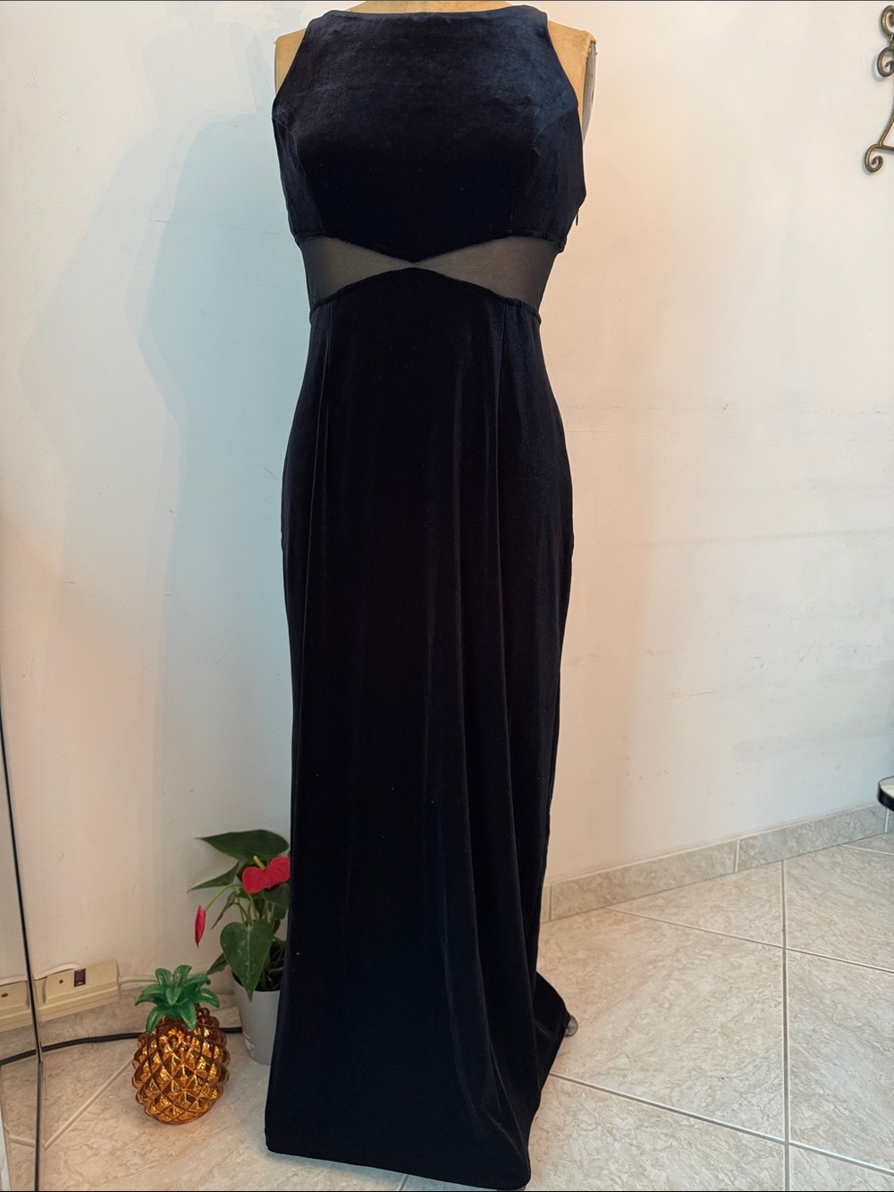 Betsy & Adam Black Velvet Maxi with Sheer Waist Panel